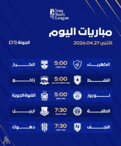 أبرزها الصقور بمواجهة نوروز..خمس مواجهات مهمة في دوري نجوم العراق اليوم