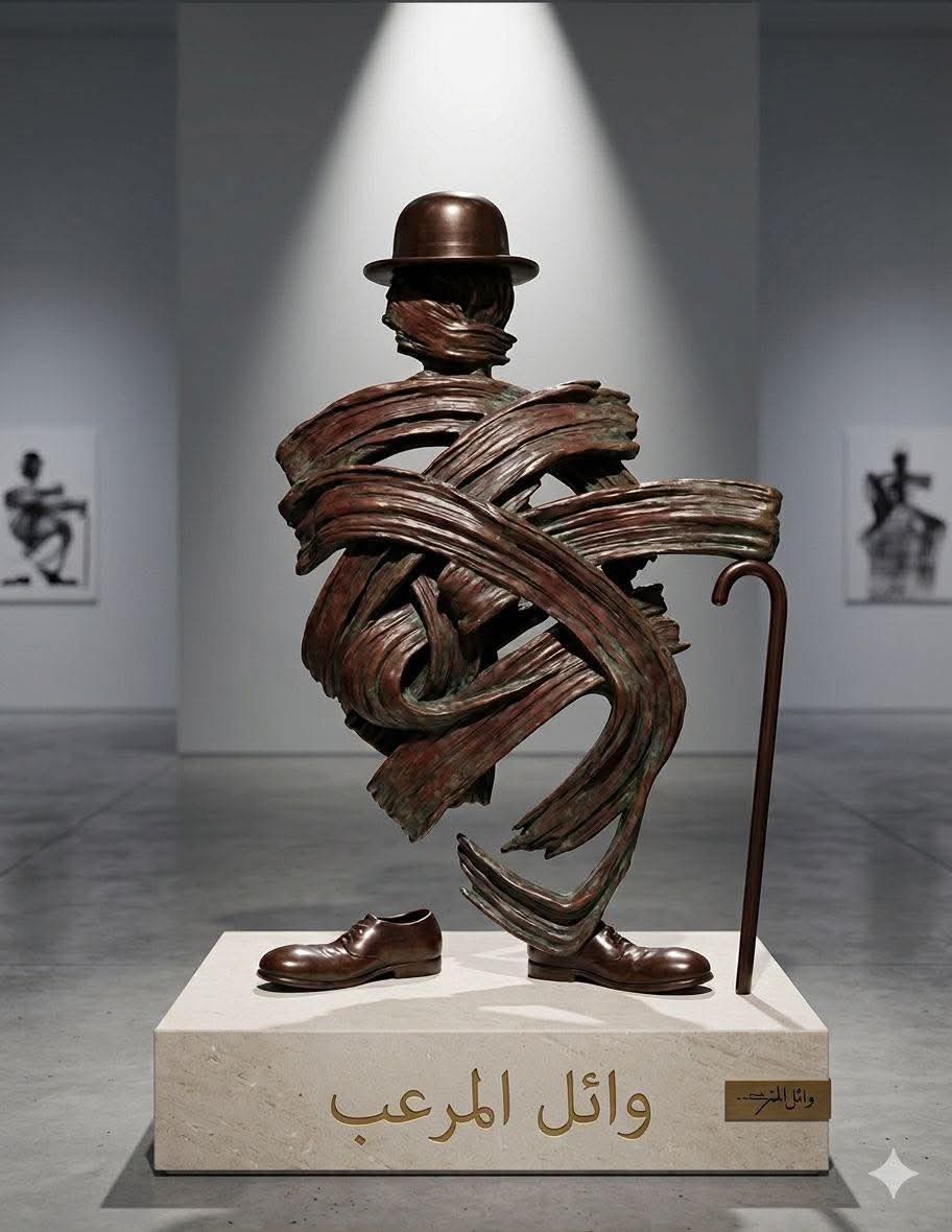 تخطيطي ( تشارلي شابلن ) بقلم الفنان وائل المرعب  ..هكذا حوله الذكاء الاصطناعي إلى نصب برونزي!!!