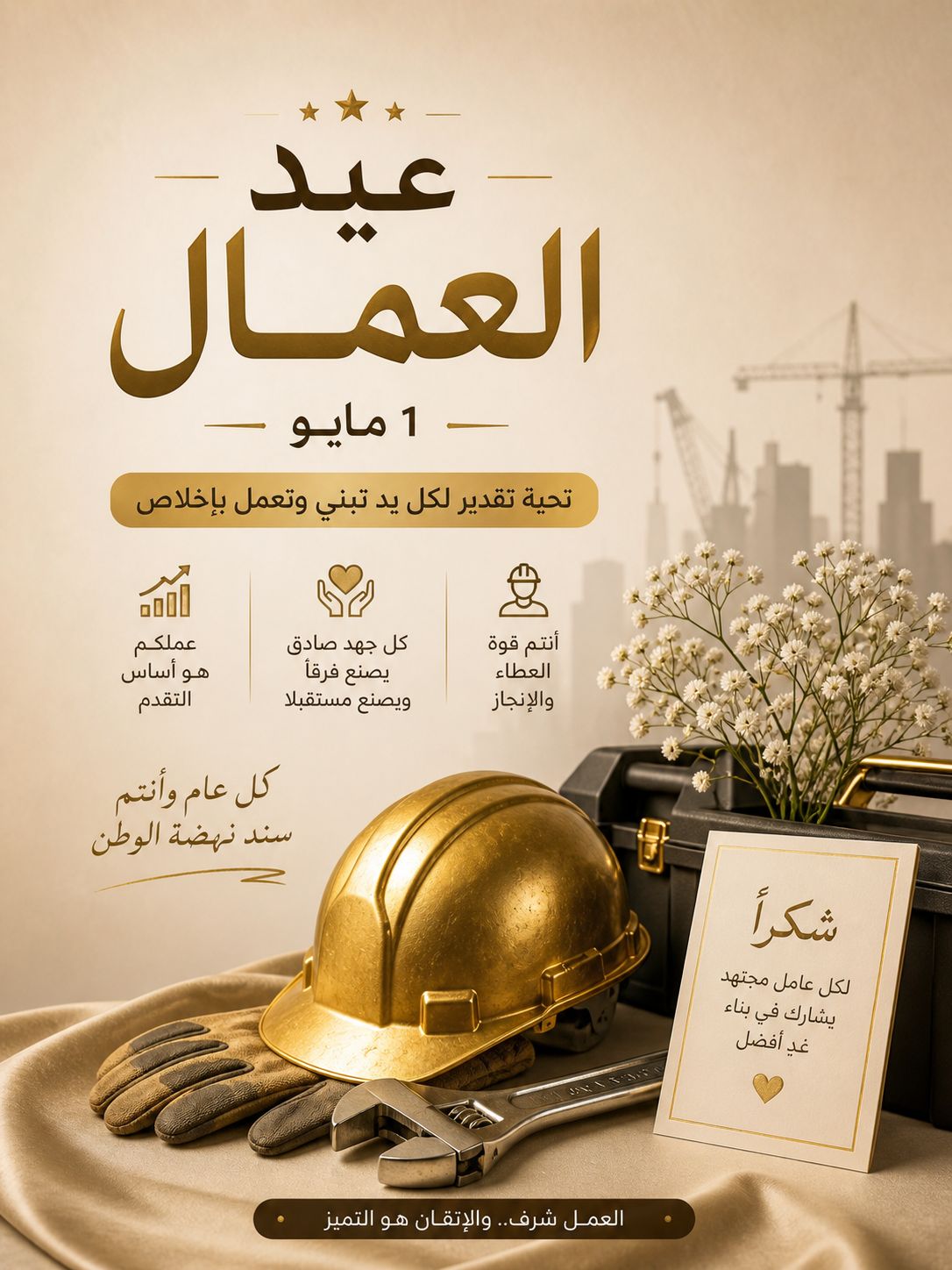 تهنئة للطبقة العاملة العراقية بعيدها المجيد ..التصميم للفنان مجيد القيسي