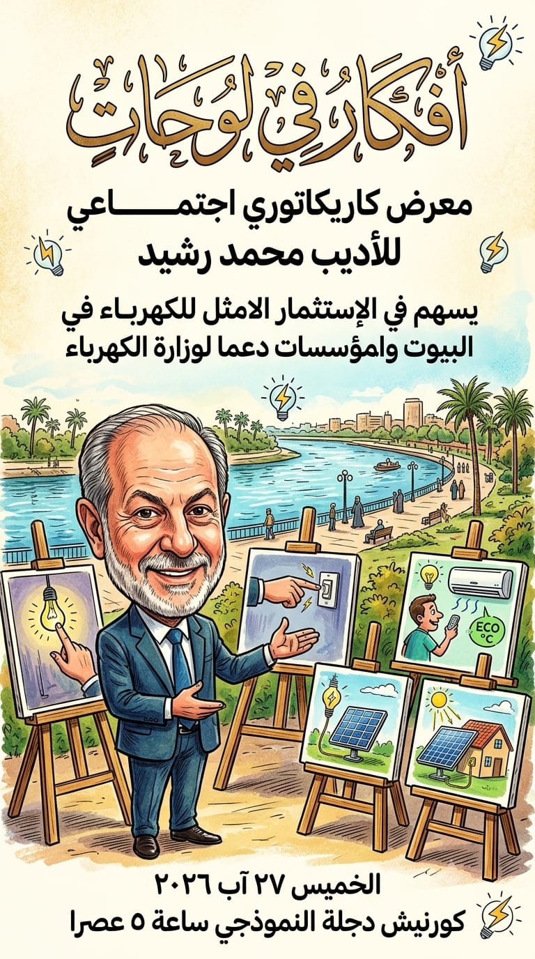 أفكارٌ في لوحات.. معرضٌ كاريكاتوري للأديب محمد رشيد لاستثمار الطاقة الكهربائية